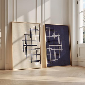 Set of 2 Navy Blue Abstract Wall Art, Mid Century Modern Geometric Prints, Bauhaus Style Digital Download, Minimalist Indigo Cream Poster - Etsy