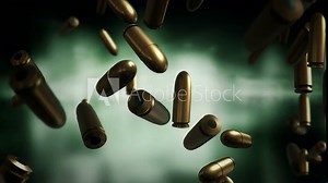 Animation falling of bullets different calibers on dark and blurred background. Animation of seamless loop.