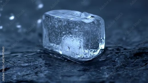 Macro shot of a single ice cube melting on a dark surface, capturing the texture and detail of the