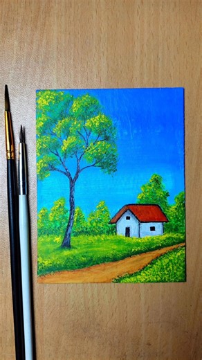 Easy Acrylic Tree & House Landscape Painting for Beginners | Step by Step #shorts #art #painting
