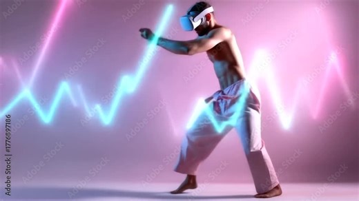 Man performing a powerful martial arts kick while wearing a VR headset, fully immersed in a virtual combat simulation. The motion is dynamic and precise, blending at