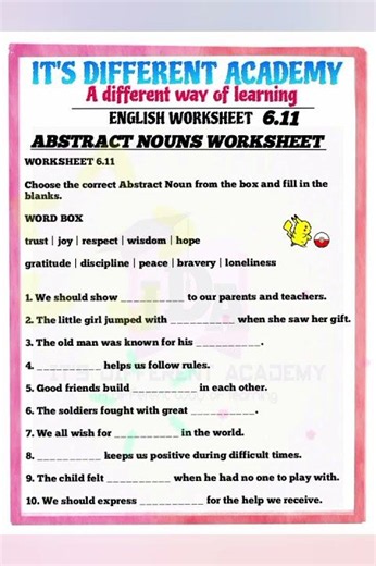 Abstract Noun Worksheets 6.11| Fill in the Blanks Practice | English Grammar for Kids