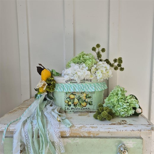 Decorative Farmhouse Metal Basket, Spring Decor, Lemon Decoupage Basket, Mint Green, Floral Rag Bow - Etsy