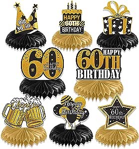 60th Birthday Decoration Honeycomb Centerpieces for Women Men, 8 Pcs Black Gold Cheers to 60 Years Table Centerpiece Toppers, 60 Birthday Party Creative Table Sign Décor, Easy Set Up, Vicycaty