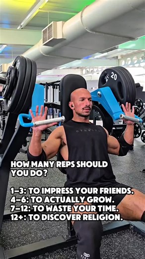 How many reps should you do? Let me help 🫡 ⠀ 1–3: For ego. You’ll get the “oohs” from your friends, but you'll fall short in the stimulating reps needed to maximise growth. Strength yes, hypertrophy not so much.⠀ ⠀ 4–6: The sweet spot. Maximum fast-twitch recruitment, minimal junk fatigue. This is where real growth lives.⠀ ⠀ 7–12: The purgatory zone. Feels productive, gives you a pump, but mostly racks up muscle damage and fatigue without extra growth.⠀ ⠀ 12 : The dark night of the soul. At thi