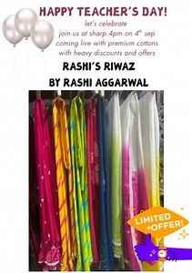 3.7K views | Jai Guru Ji  Rashi's Riwaz by Rashi Aggarwal After a successful live session we are coming back again today at sharp 4pm with all premium cottons on heavy discounts and offers ❣️ Don't miss Booking number is 99902 62570 4th September , 4pm | Enterprising DiVvaz Shopping Page | Facebook