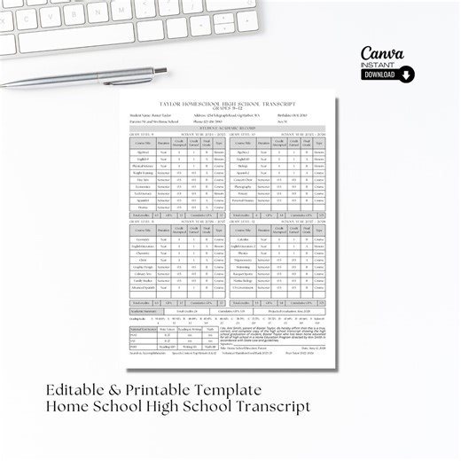 Editable Homeschool High School Transcript Template (digital Download) - Etsy