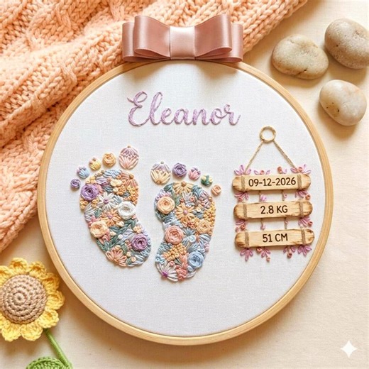 Baby Footprint Embroidery Pattern, Floral Newborn Keepsake, Name Wall Art, PDF Downloadable Template - Etsy