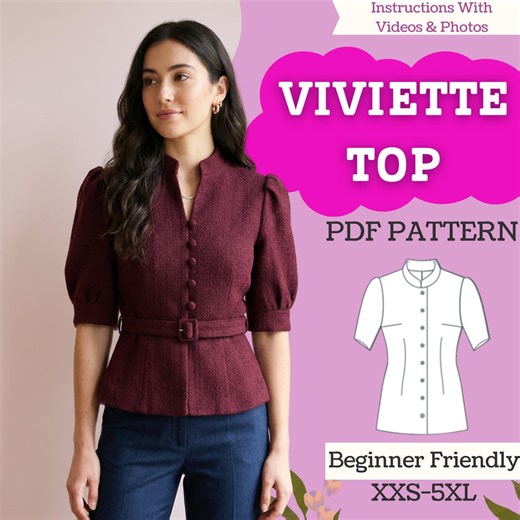 Puff Sleeve Mandarin Collar Blouse Sewing Pattern – Fitted Button-front Top (PDF Instant Download) - Etsy