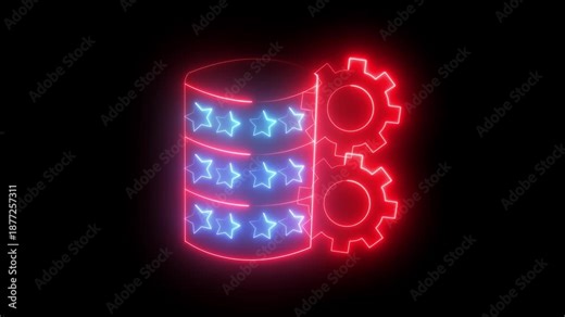 Red neon outline of database icon with gear and document on black background ,symbol technology, HD video motion graphic animation .