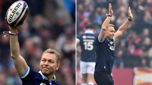Moment emotional Sir Chris Hoy delivers ball at Scotland v Ireland