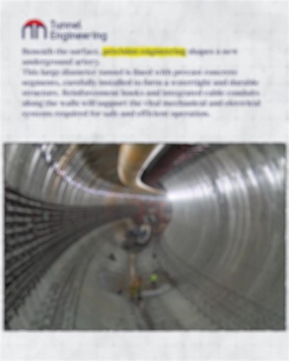 📢New post is out now🌟 ▶️ Beneath the surface, precision engineering shapes a new underground artery. This large diameter tunnel is lined with precast concrete segments, carefully installed to form a watertight and durable structure. Reinforcement hooks and integrated cable conduits along the walls will support the vital mechanical and electrical systems required for safe and efficient operation. ▶️Every element from the alignment of the segments to the sealing of joints is executed with except