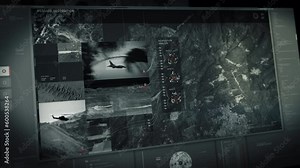 Army Base Location Information Analysis By A Modern Spying Interface. Army Aircrafts Position Coordinates Information By A Futuristic Interface. Army Information Interface Satellite Connection.