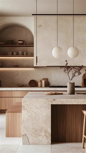 the kitchens of my absolute dreams - woods, mixed stone, and the perfect combination of neutral and gold #kitchendesign #homedecorideas #neutralaesthetic #homedesigns #kitchendecorideas