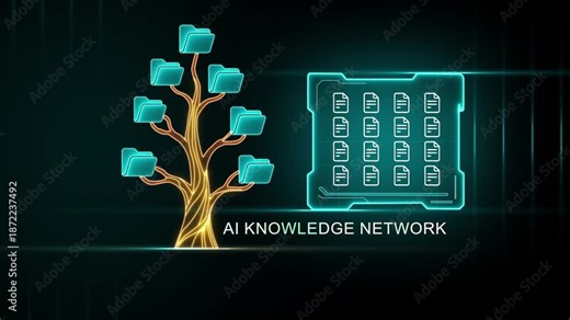 AI Knowledge Network Tree of Folders and Data Matrix Keywords: AI, artificial intelligence, knowledge network, data, information, network, connection, tree, folders, files, digital, technology