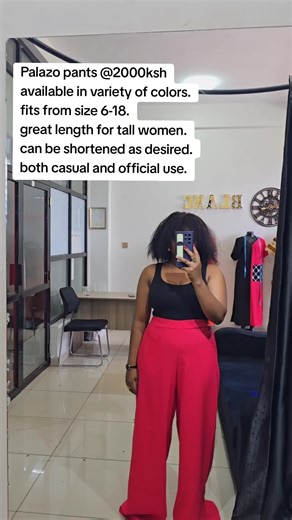 Palazo pants available in variety of colors. call us on 0.7.5.9.6.9.9.8.2.4. we are located along thika road mountain mall 1st floor shop b1. #palazo #whatpants #pantstowear #tiktok#grwm #women #trousers #fit #business #casualwear #official #reel #inst #fy#blackdress #blackpant#pinkpants