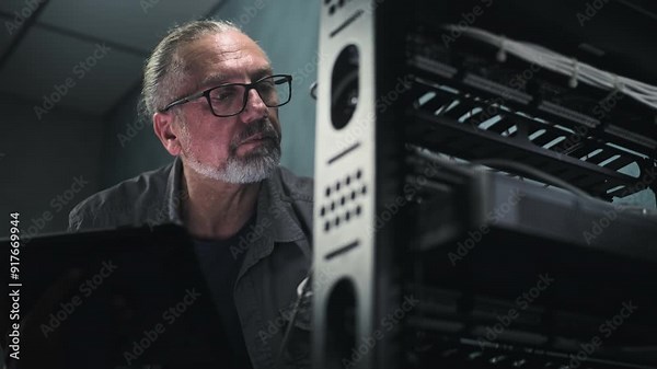 Male network administrator works in server room. Mature specialist connects cables with server rack, uses tablet computer. Maintenance of LAN, computer networks or web servers. Data storage center.