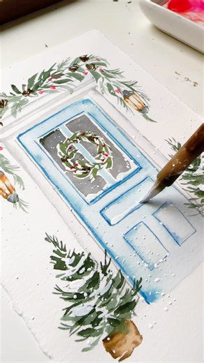 Christmas front door #tutorial #watercolorpainting #wintertree #drawing #christmasdecor #holidayart
