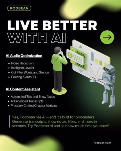 PODBEAN | #1 Podcast Hosting Service on Instagram: "Podcasting doesn’t have to be complicated. With Podbean AI, podcasters can: ✔️ Reduce noise and level audio ✔️ Remove filler words and silence ✔️ Automatically generate transcripts, show notes, and titles ✔️ Create clean, professional episodes—faster Yes, Podbean has AI—and it’s built for podcasters. Try it today and see how much time you save. Start smarter with Podbean AI 🤖 #Podbean #AIForPodcasters #PodcastTools #PodcastProduction #ContentC