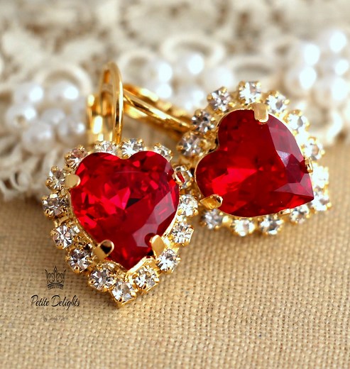 Ruby Crystal Drop Earrings, Red Heart Earrings, Bridal Ruby Earrings, Crystal Dangle Ruby Earrings, Valentines Gift for Her, Heart Earrings - Etsy