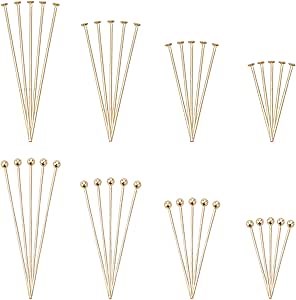 PH PandaHall 160pcs 18K Gold Plated Head Pins, 8 Styles Jewelry Pin 304 Stainless Steel Ball Head Pins Flat Head Pin 20/30/40/50mm Beading Pin for DIY Earrings Charm Crafts Jewelry, 0.6mm/22 Guage