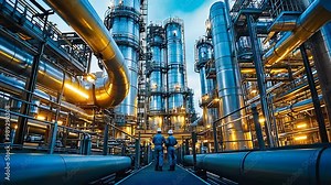 Industrial refinery plant with workers in safety gear, showcasing modern engineering, oil and gas pipelines, and energy production.