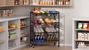 Evermagin 25.2''W Kitchen Storage Cart, Rolling Snack Cart, 4 Tier Fruit Basket Vegetable Stand, Metal Pantry Storage Organizer with 8 Removable Baskets for Onion Potato, Black
