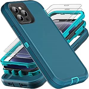 for iPhone 12/12 Pro Case, Military Grade 3 in 1 Heavy Duty Shockproof/Drop Proof/Dust Proof with 2Pcs Tempered Glass Screen Protector (Blue/Turquoise)