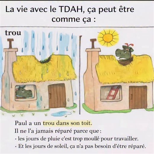 PARENThèse TDAH coach on Instagram: "Cette image résume tellement bien certaines réalités du TDAH. On voit le problème. On sait qu’il existe. On sait même comment le résoudre. Mais notre cerveau fonctionne souvent sur deux modes : l’urgence ou le soulagement immédiat. Quand ça déborde, c’est trop tard, trop stressant, trop envahissant. Quand tout va bien, il n’y a plus de signal d’alarme… donc plus de motivation. Alors on compense, on s’adapte, on bricole autour du problème, au lieu de le traite