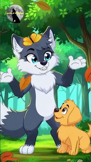 A cute little wolf cub and a playful puppy are joyfully playing together in a lush green forest.