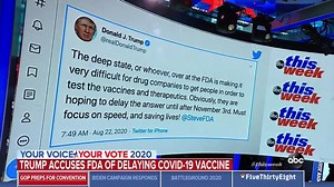 ABC News' George Stephanopoulos presses White House chief of staff Mark Meadows on President Trump's claims: If Trump believes the FDA is playing politics and delaying an answer on vaccines, why wouldn’t he fire the commissioner? "We’ve looked a number of people that are not being as diligent as they should be,” Meadows says. https://abcn.ws/2YrVdMM | This Week