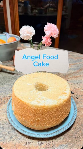 Light and fluffy and fun to make! Angel food cake is a treat no matter how you serve it. Haven’t gotten the recipe up on my website yet but I’m sharing it with y’all right here. 💕 Angel Food Cake 2 c. egg whites 2 tsp cream of tartar 2 tsp vanilla ½ tsp salt In a large mixing bowl beat all together with a hand held mixer until it forms peaks. Keep beating and slowly add: 1 ½ cups sugar Beat till the mixture stays in the bowl when you hold it upside down. (For some fun, hold it upside down over 