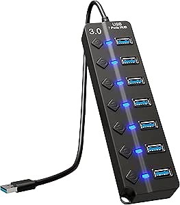 USB Hub 3.0 – 7-Port USB 3.0 Hub with Individual On/Off Switches and Lights – High-Speed Multi USB Port Hub Extender for MacBook, Laptop, Surface Pro, Mac, PC