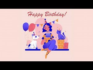 Happy Birthday Girl GIF with Music – Cake, Pets, and Balloons