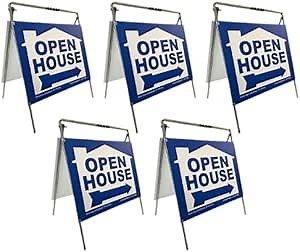Open House Sign Metal A-Frame Kit (5 Pack), 24"X18", Real Estate Yard Signs, House Graphic - Blue