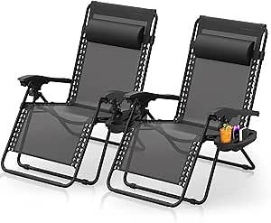 Suteck Zero Gravity Chairs Set of 2, Zero Gravity Lounge Chair w/Upgraded Lock, Big Cup Holder and Pillow, Reclining Patio Chairs Folding Recliner for Indoor and Outdoor