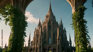 Video animation of grand, gothic style cathedral with intricate architectural details and towering spires. sky is clear with a soft light illuminating the scene