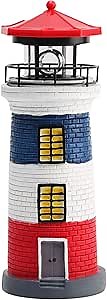 LED Solar Power Lighthouse Statue Rotating Outdoor Light Garden Yard Lawn Craft Ornament (Black and White)