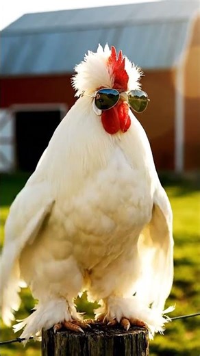 The rooster wearing sunglasses performs a wing drum roll before blasting a huge, comedic crow