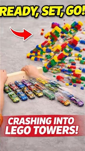 Toy Cars Crash Into LEGO Towers! Kid Starts the Ultimate Car Domino Race 🚗💥