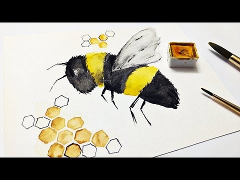 How to paint a BUMBLE BEE for beginners in watercolor » EASY honey bee & honey comb painting guide