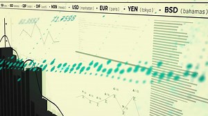 Financial data and currency rates animation over person analyzing graphs and charts | Premium Stock Video Footage