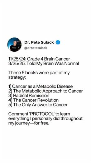🔥When I was diagnosed with Grade 4 brain cancer, I knew I had to rebuild my body’s terrain. Along the way, these 5 books gave me hope, perspective, and practical tools to support my healing journey. ⚠️For educational purposes only. This is not medical advice. #drpetesulack #braincancersurvivor #cancerrecovery #cancersucks🎗 #cancersupport | Dr. Pete Sulack