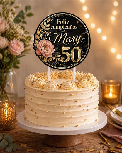 50th Birthday Cake Topper Printable, Black and Gold Elegant Topper, Feliz Cumpleaños Mary, Custom Name and Age, Floral Birthday Decoration - Etsy