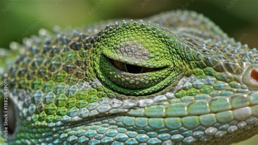 one-eyed blink in lizard. Detailed macro view of a lizard blinking one eye, revealing intricate scales and subtle facial motion.