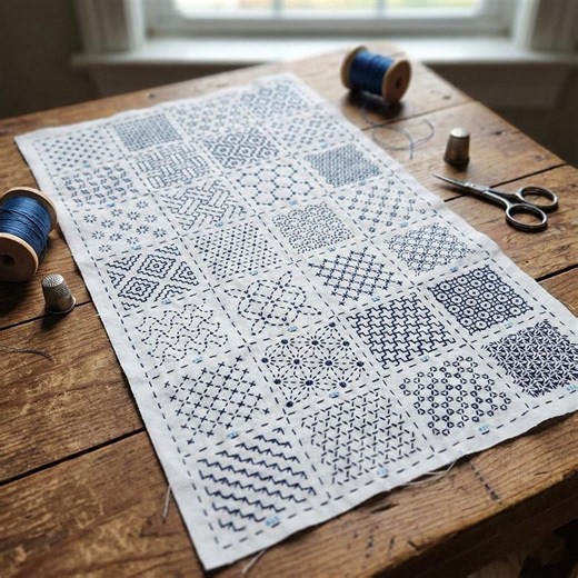 Sashiko Embroidery Sampler – 28 Japanese Pattern Fabric Panel - Etsy