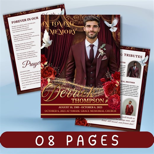 Funeral Program Template, Obituary Template for Men, Editable Canva Layout, Red Burgundy Gold Funeral Program, Celebration of Life Brochure - Etsy