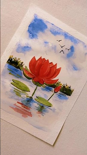 Watercolor Lotus & Lake Scenery | Relaxing Art #drawing #reels #shortvideo