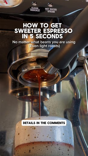 Literally no one talks about this and I don’t know why. This 5 second trick will make your espresso instantly sweeter, no matter what beans you are using. To get sweet espresso you need optimal extraction. Under extraction and your espresso is sour since the acids such as citric acid, malic acid, and acetic acids all get pull out of the beans first. You need enough contact time and enough HEAT in order to pull out the the sweeter compounds such as fructains and melanoidins. A simple trick to ins
