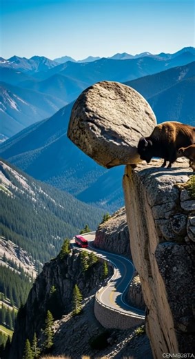 Bison Mom and Baby Bison Warn a Bus P-1 Stop in Time #wildlife #nature #animals